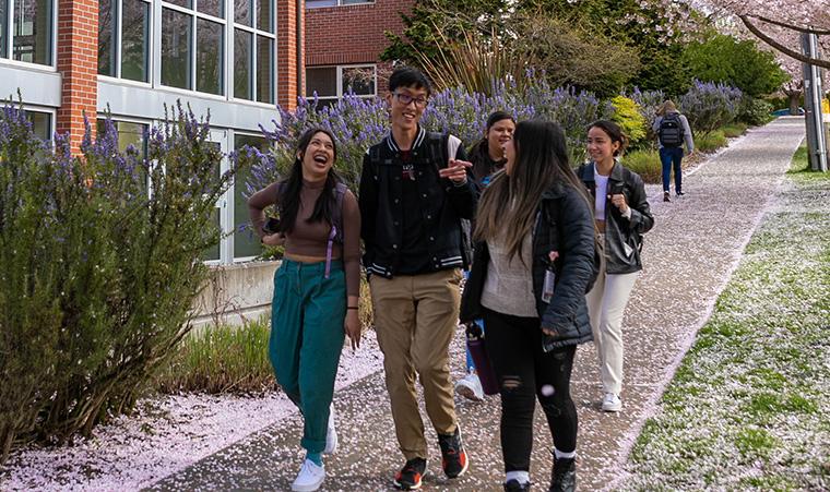 Students walk through the cherry blossoms outside Emerson Hall